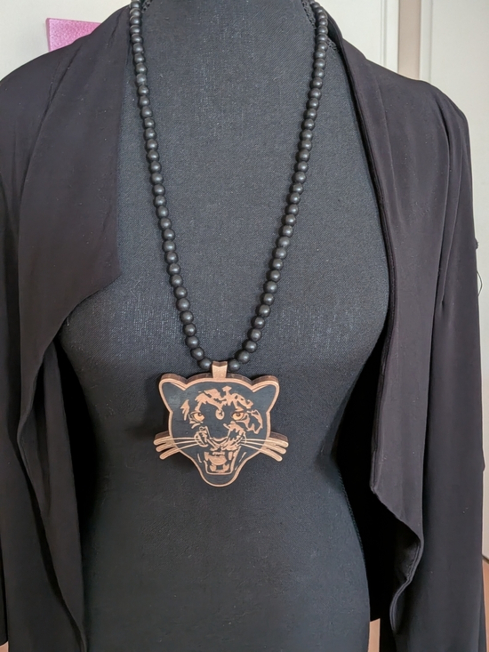 Black Panther Large Wooden Beaded Necklace with Tiger Pendant - Good Wood